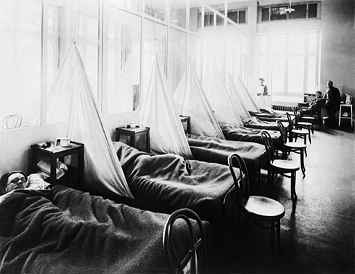 Franciaországban egy amerikai katonai tábori kórház influenza kórterme az I. világháború alatt, kb. 1918-ban.
