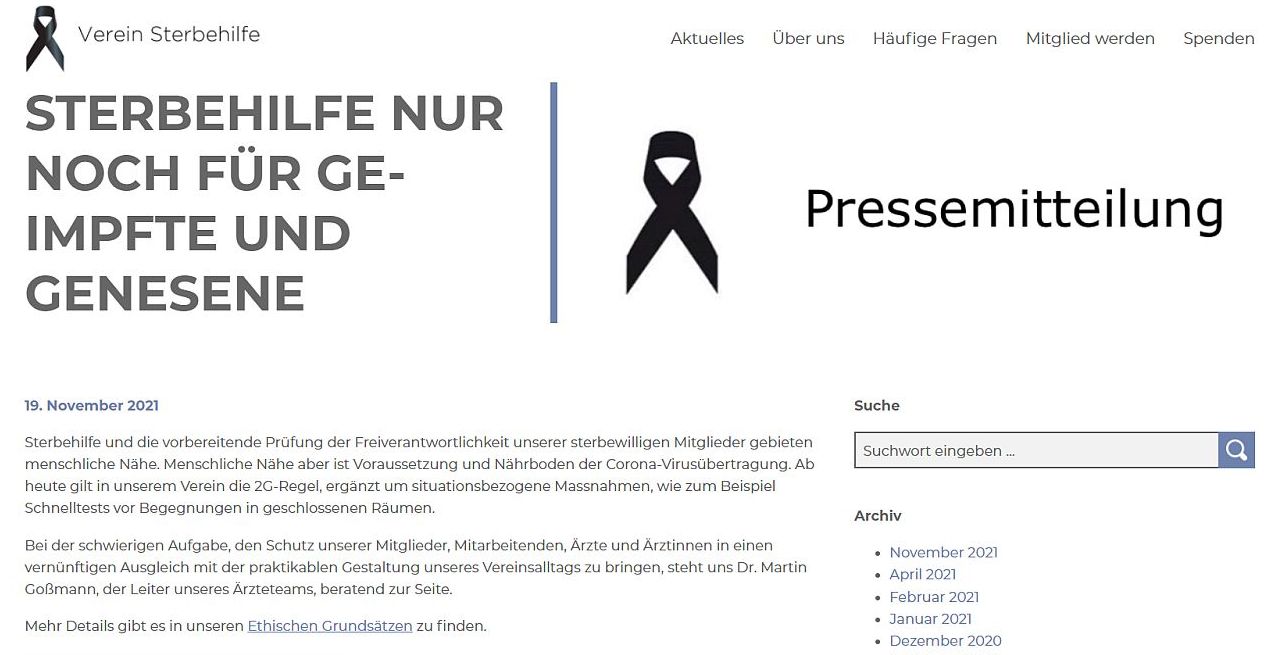 Egy Svájcban és Németországban tevékenykedő ​eutanázia-egyesület honlapján 2021.11.19-én megjelent nyilatkozat
