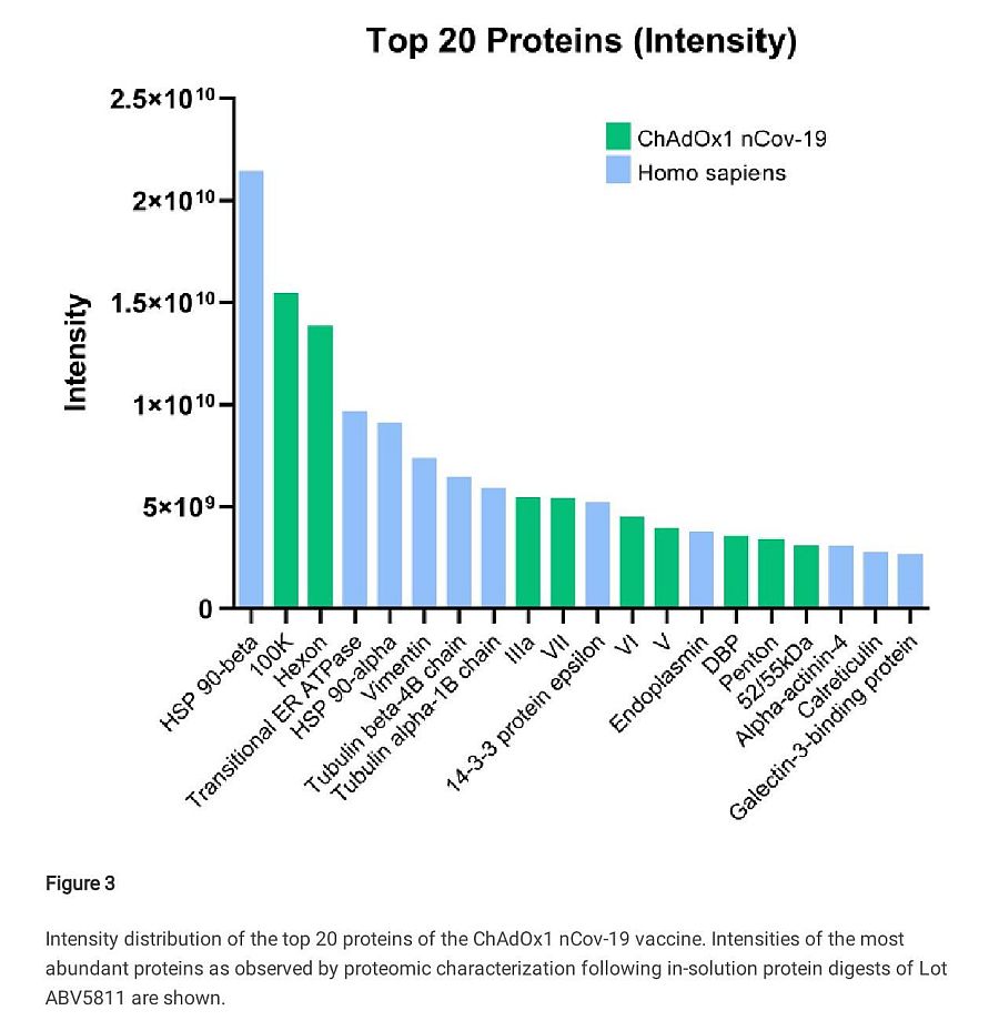 Az AstraZeneca nCov-19 oltás 20 legfontosabb fehérjéjének intenzitás-eloszlása
